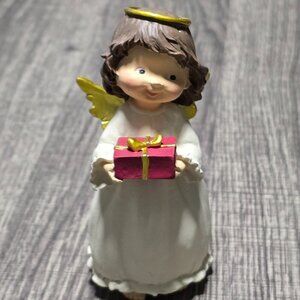 Guardian Angel Statue - Hand-Painted Angel Holding Gift Box Figurine, Resin